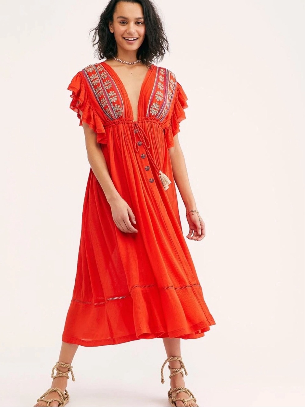 NWT Free People Roaring Red Embroidered V-Neck Midi Dress with Tassel Detail S